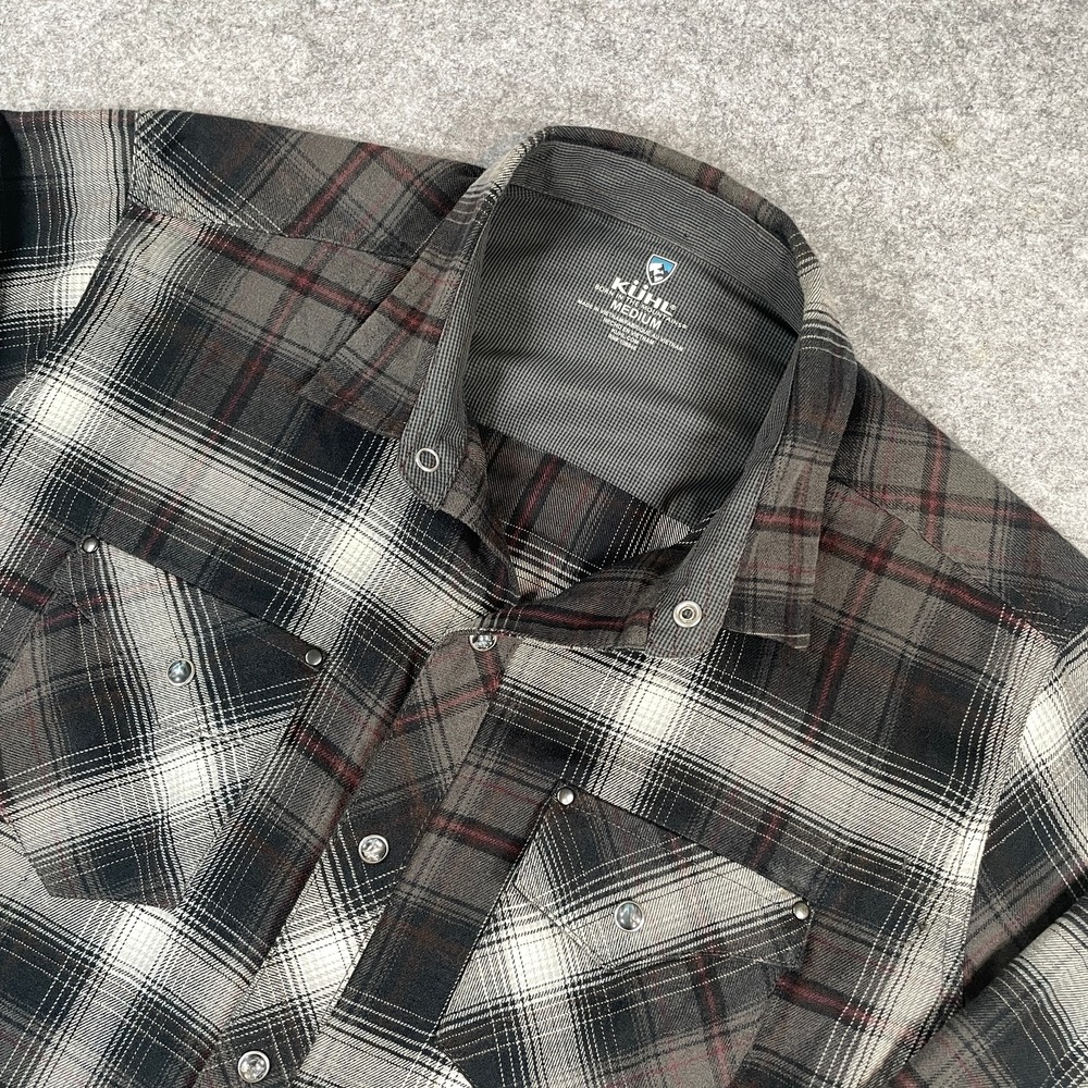 KUHL Mens Plaid Snap Front Shirt Medium Cotton Tencel Blend Brown Grey